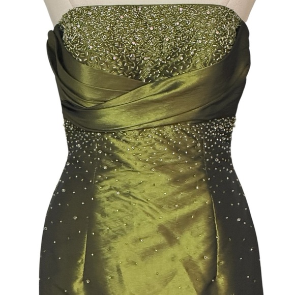 FLIRT Maggie Sottero Olive Green Beaded Dress Gown Prom Dance Formal 6 Train - Picture 2 of 14